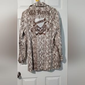 Ed Hardy Brown Snake Print Embroirdered Trench Coat